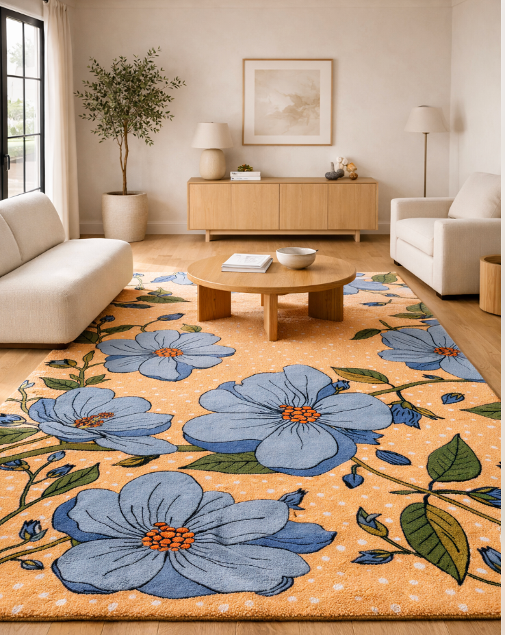 Azure Bloom Handmade Rug – Soft Botanical Pattern