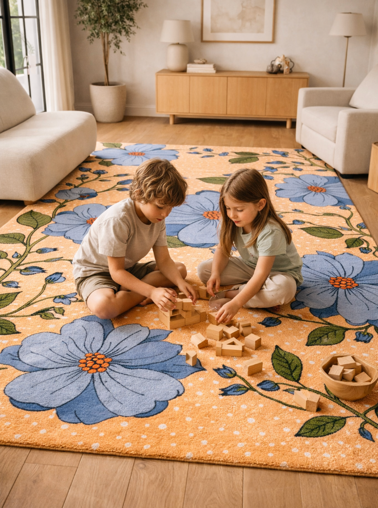 Azure Bloom Handmade Rug – Soft Botanical Pattern
